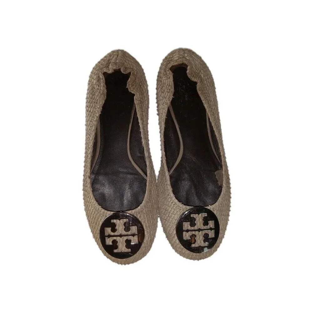 Tory Burch Women's Size 7 Reva Flats Python Print Brown Cream Shoes